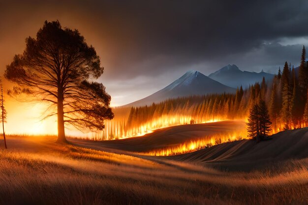 un tramonto con un albero in primo piano e le montagne sullo sfondo.