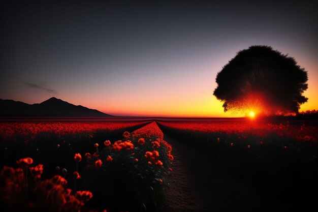 Un tramonto con un albero in primo piano e un tramonto sullo sfondo.