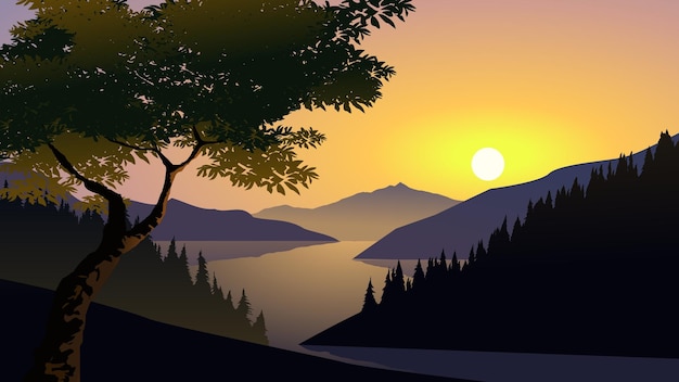 Un tramonto con un albero in primo piano