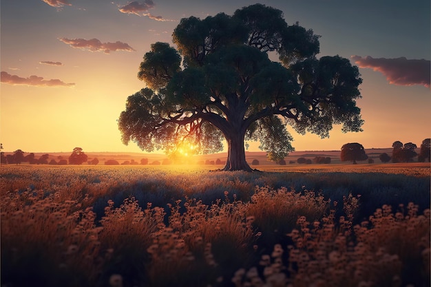 Un tramonto con un albero in primo piano