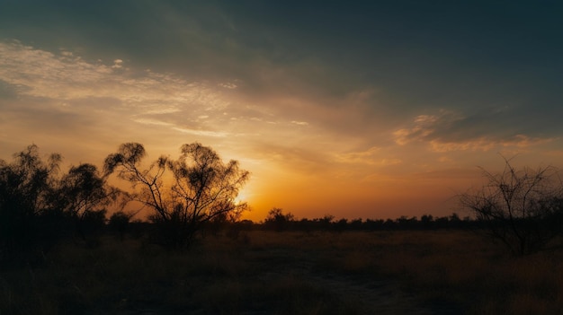 Un tramonto con un albero in primo piano