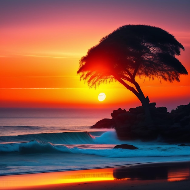 Un tramonto con un albero sulla spiaggia e il sole che tramonta alle sue spalle.