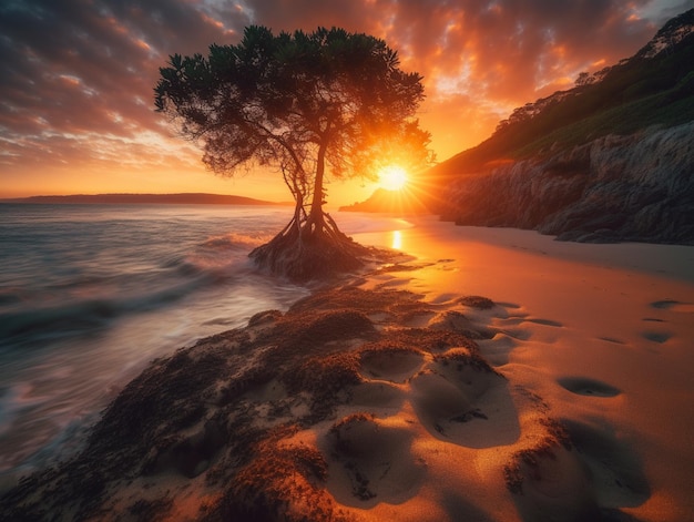 Un tramonto con un albero sulla spiaggia