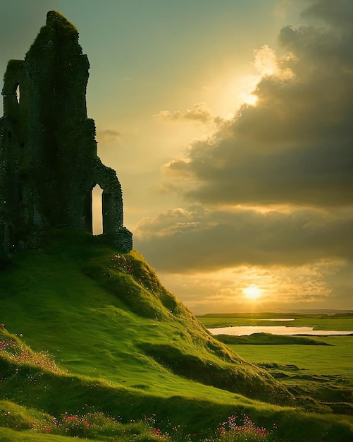 Un tramonto con un castello sullo sfondo