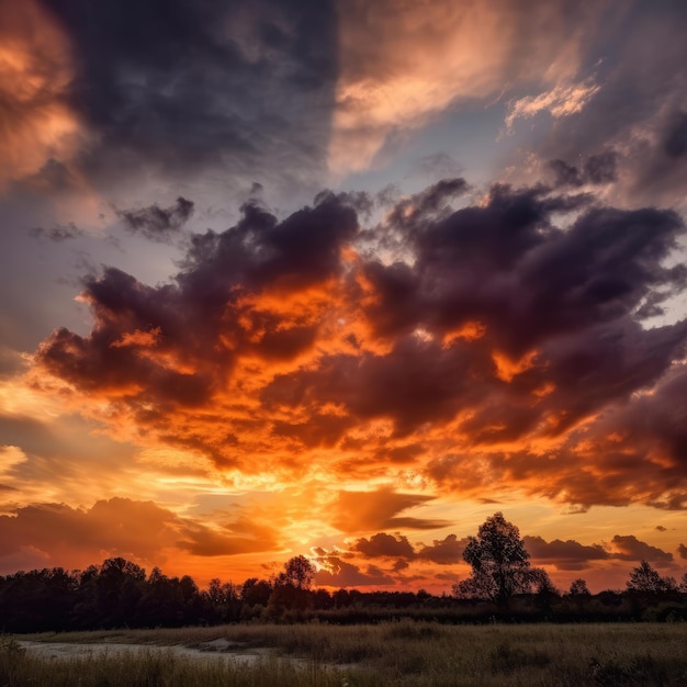 Un tramonto con un cielo nuvoloso e il sole sta tramontando