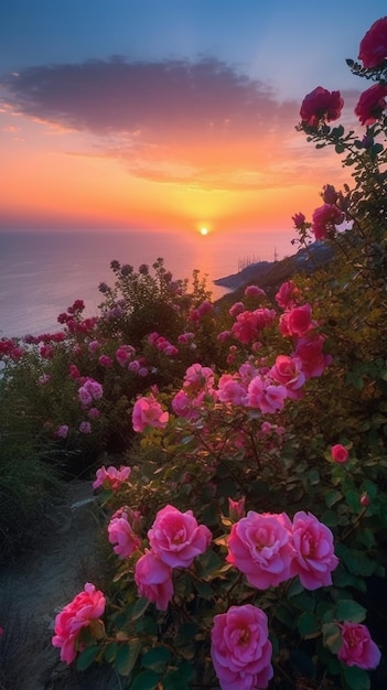 Un tramonto con un cielo rosa e un mazzo di rose