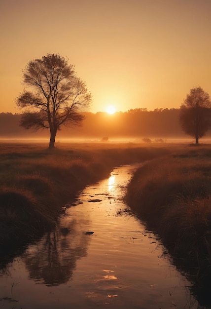 un tramonto con un fiume e degli alberi sullo sfondo