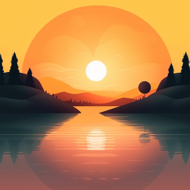 Un tramonto con un lago e montagne sullo sfondo