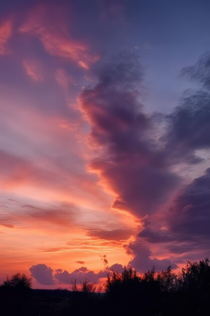 Un tramonto con una grande nuvola nel cielo sopra un campo