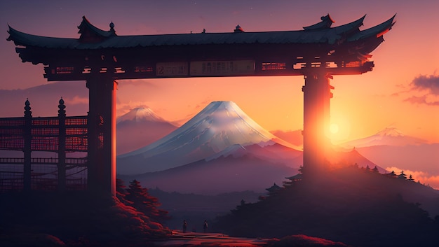 Un tramonto con una montagna sullo sfondo