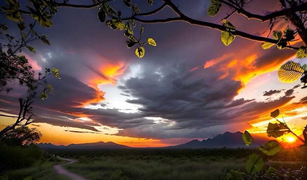 Un tramonto con una montagna sullo sfondo