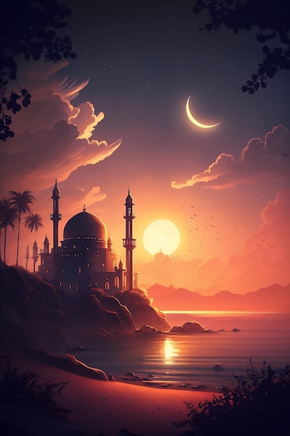 Un tramonto con una moschea e la luna