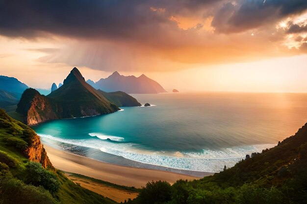 Un tramonto con una spiaggia e le montagne sullo sfondo