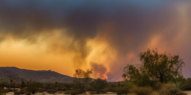 Un tramonto di fuoco sul deserto fumo che si alza in lontananza