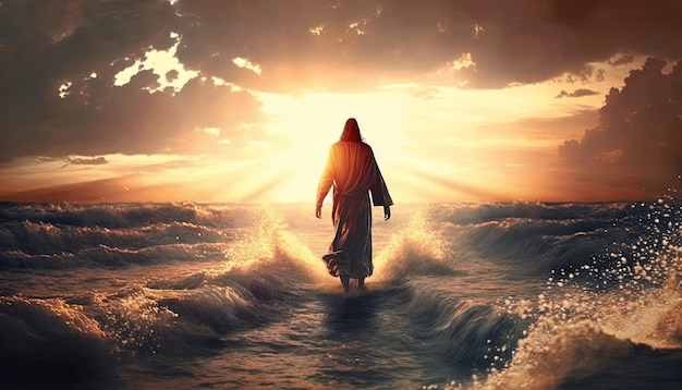Un tramonto divino Gesù che cammina sull'acqua in un momento miracoloso IA generativa