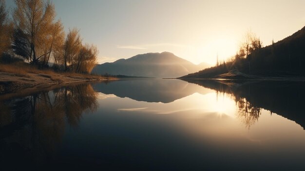 Un tramonto dorato su un lago con le montagne sullo sfondo