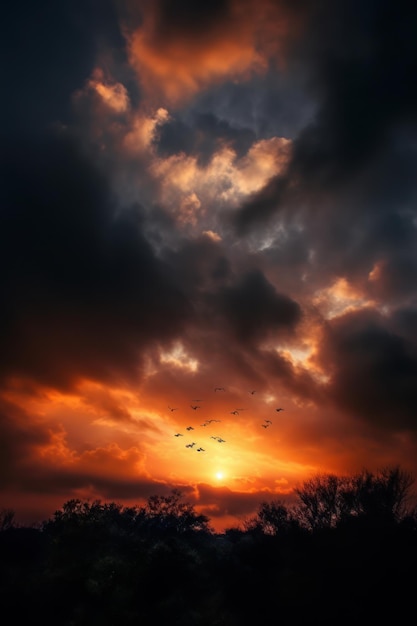 Un tramonto fiammeggiante con uccelli che volano sopra gli alberi nello stile di un'atmosfera lunatica che spruzza nuvole atmosferiche