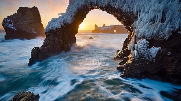 un tramonto ghiacciato su un arco marino uno sfondo di casting di un tramondo ghiacciato