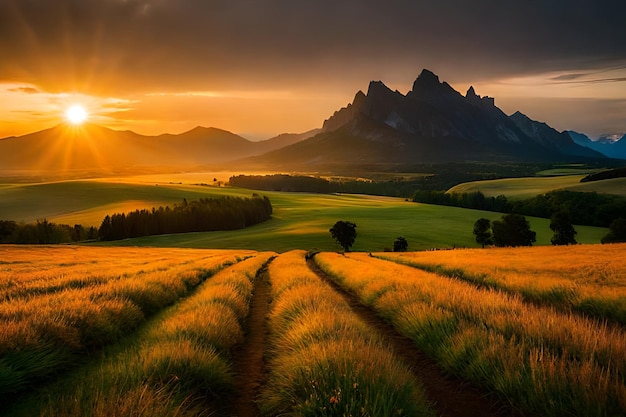 Un tramonto in montagna con una montagna sullo sfondo