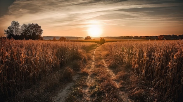 Un tramonto in un campo di grano con una traccia di pneumatico che conduce all'orizzonte.