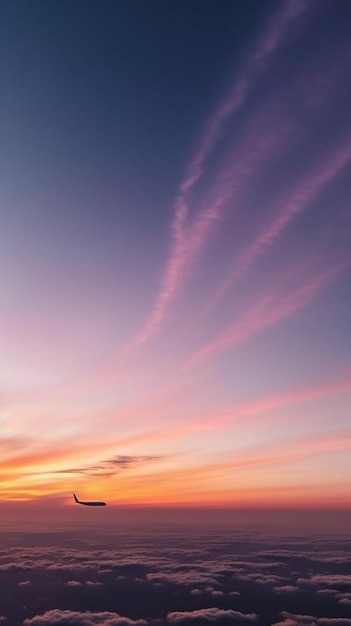 Un tramonto nel cielo con un cielo rosa e viola.