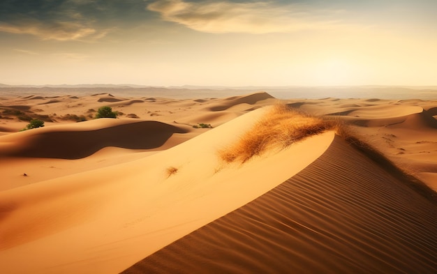 Un tramonto nel deserto con un gran numero di dune di sabbia e un cielo con nuvole