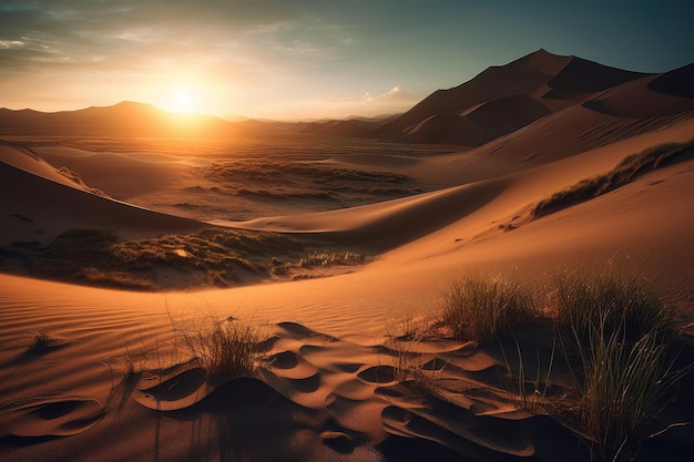 Un tramonto nel deserto con una catena montuosa sullo sfondo.