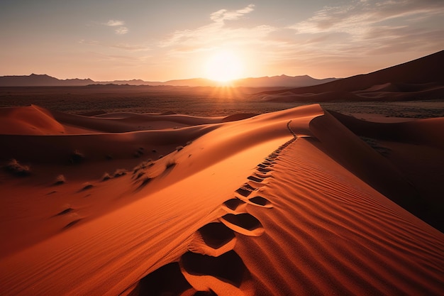 Un tramonto nel deserto con una duna di sabbia in primo piano.