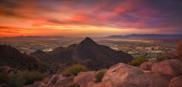 Un tramonto nel deserto con una montagna sullo sfondo