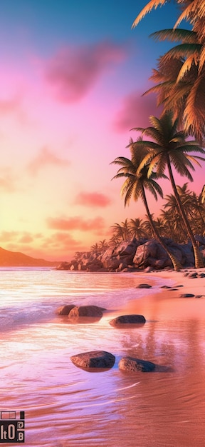 Un tramonto rosa con palme sulla spiaggia