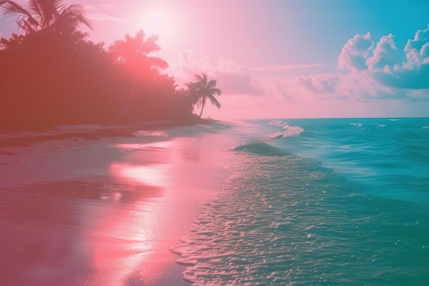 Un tramonto rosa sognante sulle calme onde della spiaggia Un paesaggio marino tropicale romantico