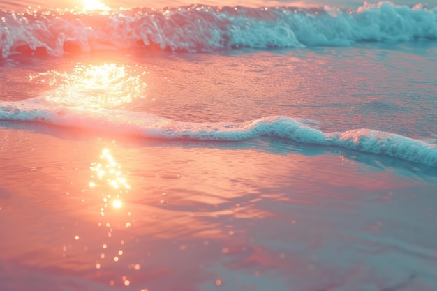 Un tramonto rosa sognante sulle calme onde della spiaggia Un paesaggio marino tropicale romantico