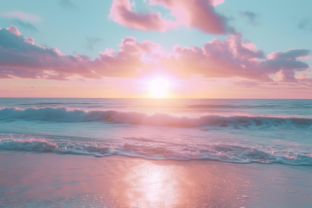 Un tramonto rosa sognante sulle calme onde della spiaggia Un paesaggio marino tropicale romantico