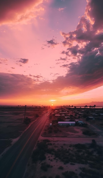 Un tramonto rosa su una cittadina