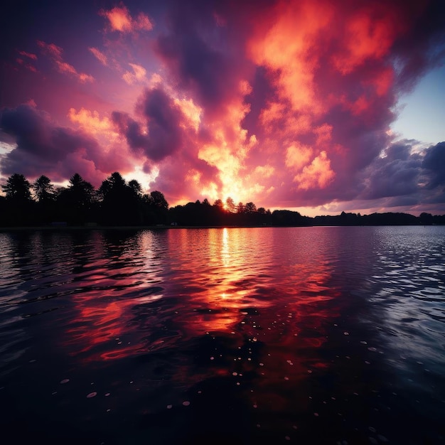 Un tramonto rosa vibrante con riflessi d'acqua scintillante