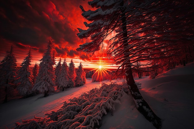 Un tramonto rosso si vede attraverso la neve.