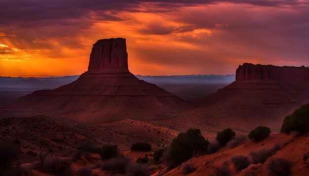 un tramonto rosso su un paesaggio desertico con un cielo rosso