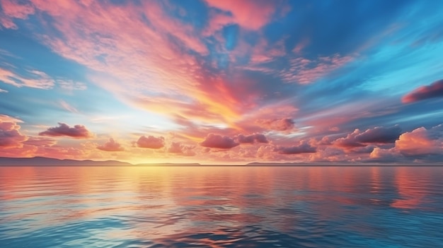 Un tramonto sopra l'oceano con un cielo colorato e nuvole