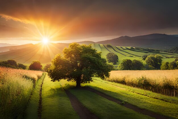 un tramonto su un campo con un albero e delle colline sullo sfondo.