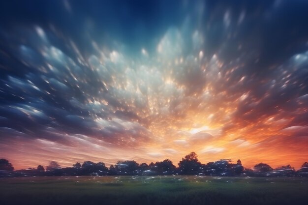 Un tramonto su un campo con un campo e alberi in primo piano.