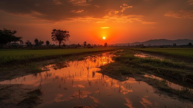 Un tramonto su un campo con un campo e alberi sullo sfondo