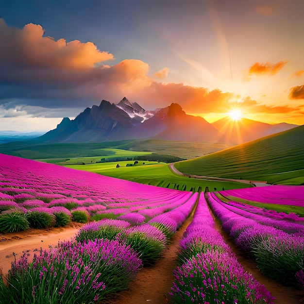 Un tramonto su un campo di lavanda con una montagna sullo sfondo.