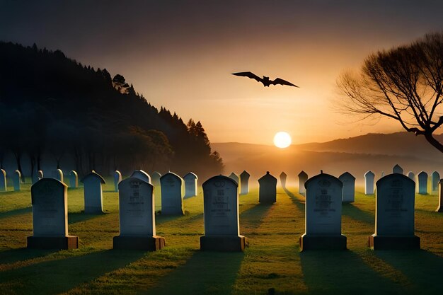 Un tramonto su un cimitero con un uccello che vola sopra