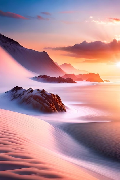 Un tramonto su un deserto con una duna di sabbia e montagne sullo sfondo.