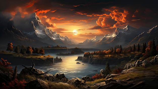 un tramonto su un fiume con montagne e nuvole.