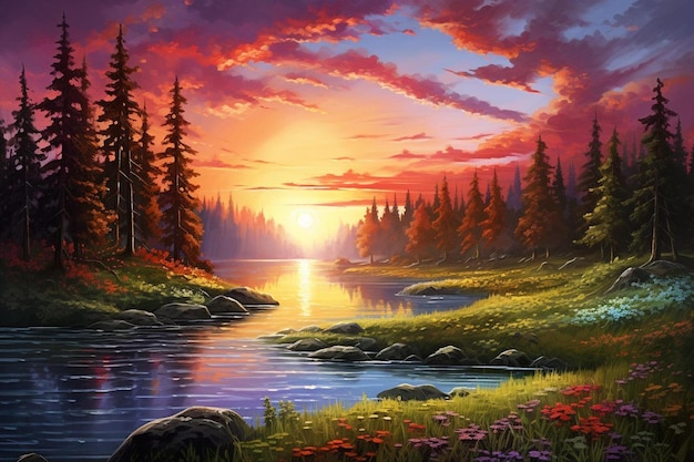 Un tramonto su un fiume con un tramonto e alberi sullo sfondo.
