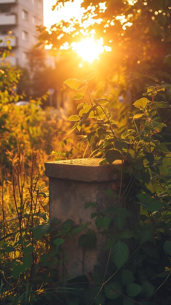 un tramonto su un giardino con un tramonto dietro le piante