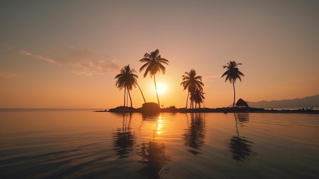 Un tramonto su un'isola tropicale con palme in primo piano