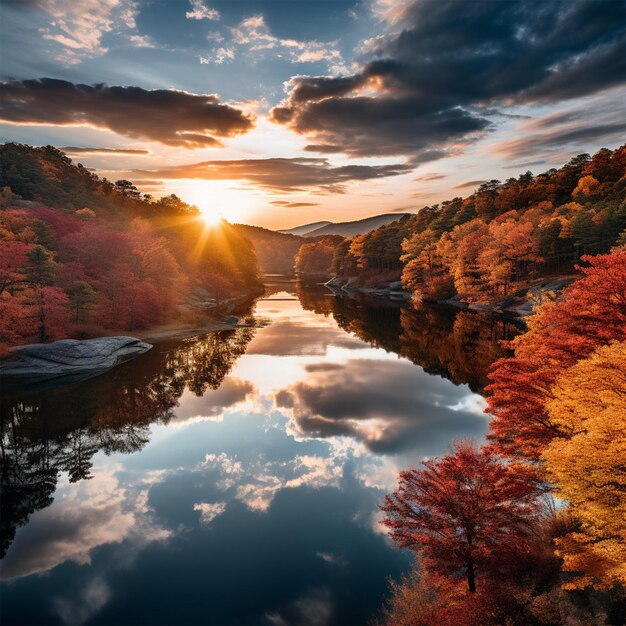 un tramonto su un lago con alberi e nuvole nel cielo