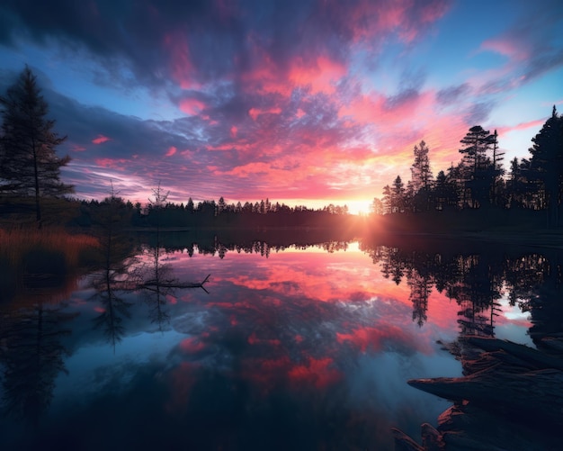 Un tramonto su un lago con alberi sullo sfondo